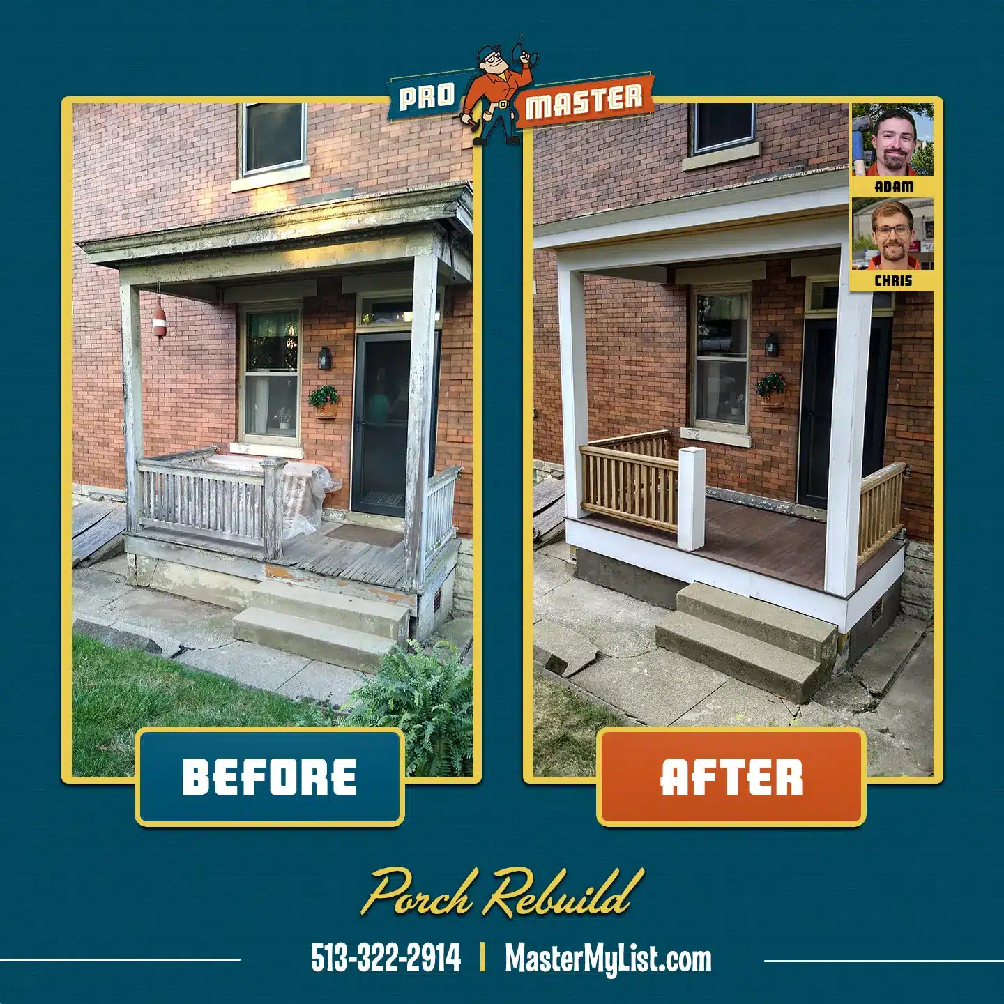 Before and after photo of porch remodel in Cincinnati, OH.