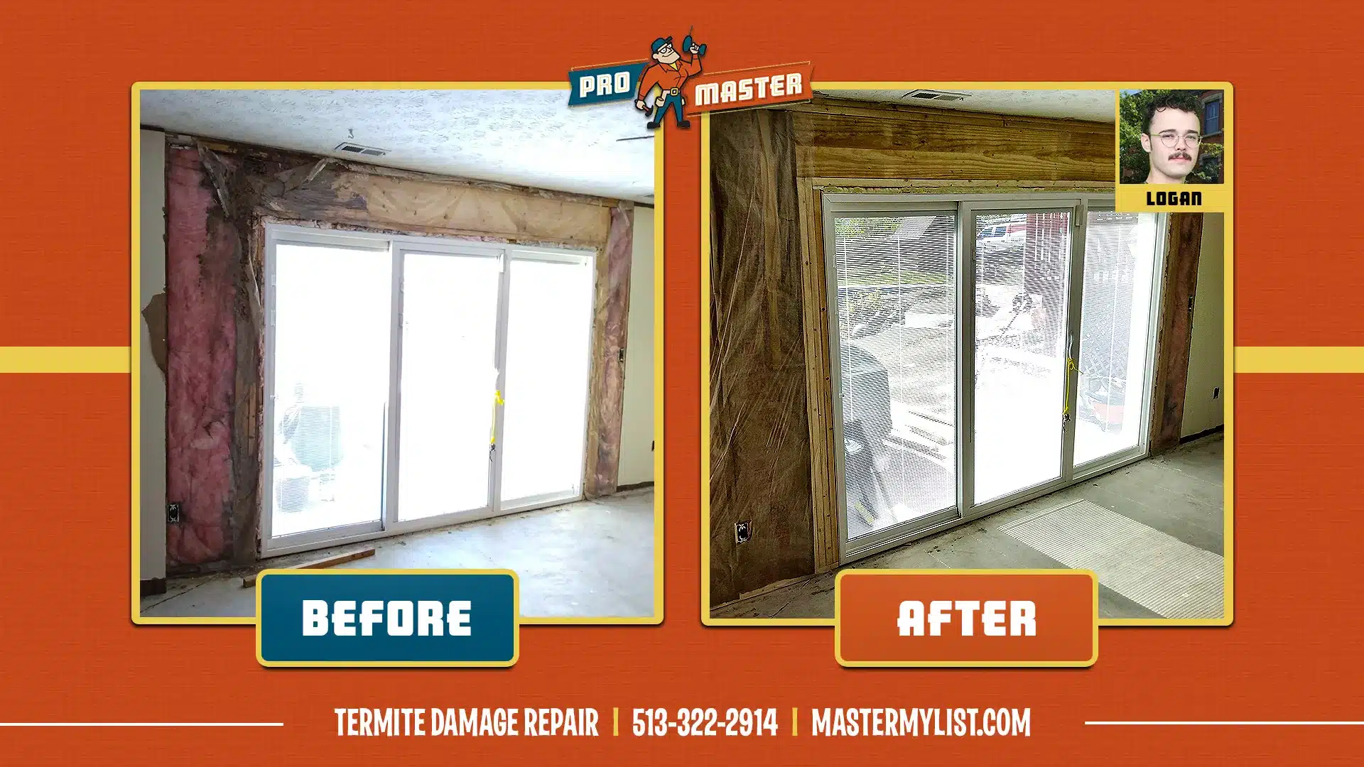 Before and After comparison of structural and terimate damage repair in Cincinnati, OH.