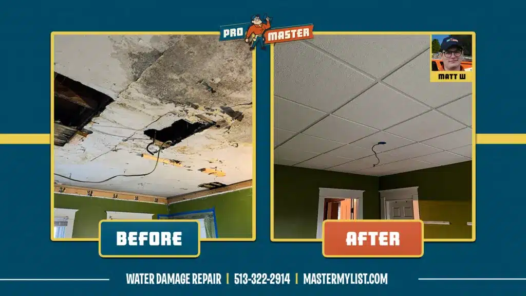ProMaster Craftsman Matt Walkenhorst repaired this severely water-damaged ceiling, restoring it to like-new condition.