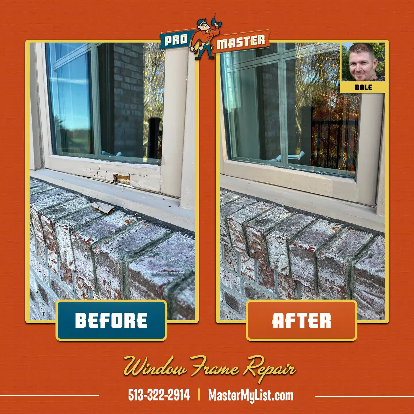 Window frame repair by ProMaster craftsman in Cincinnati for winter home maintenance.
