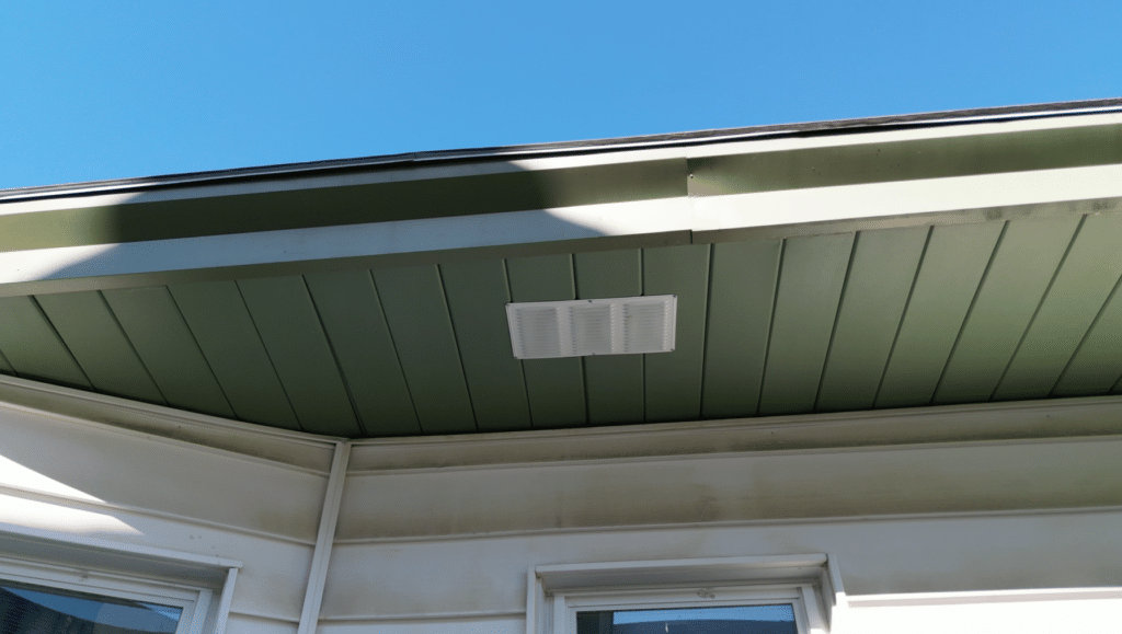 The soffit underneath box gutters where water can show from a box gutter leak.