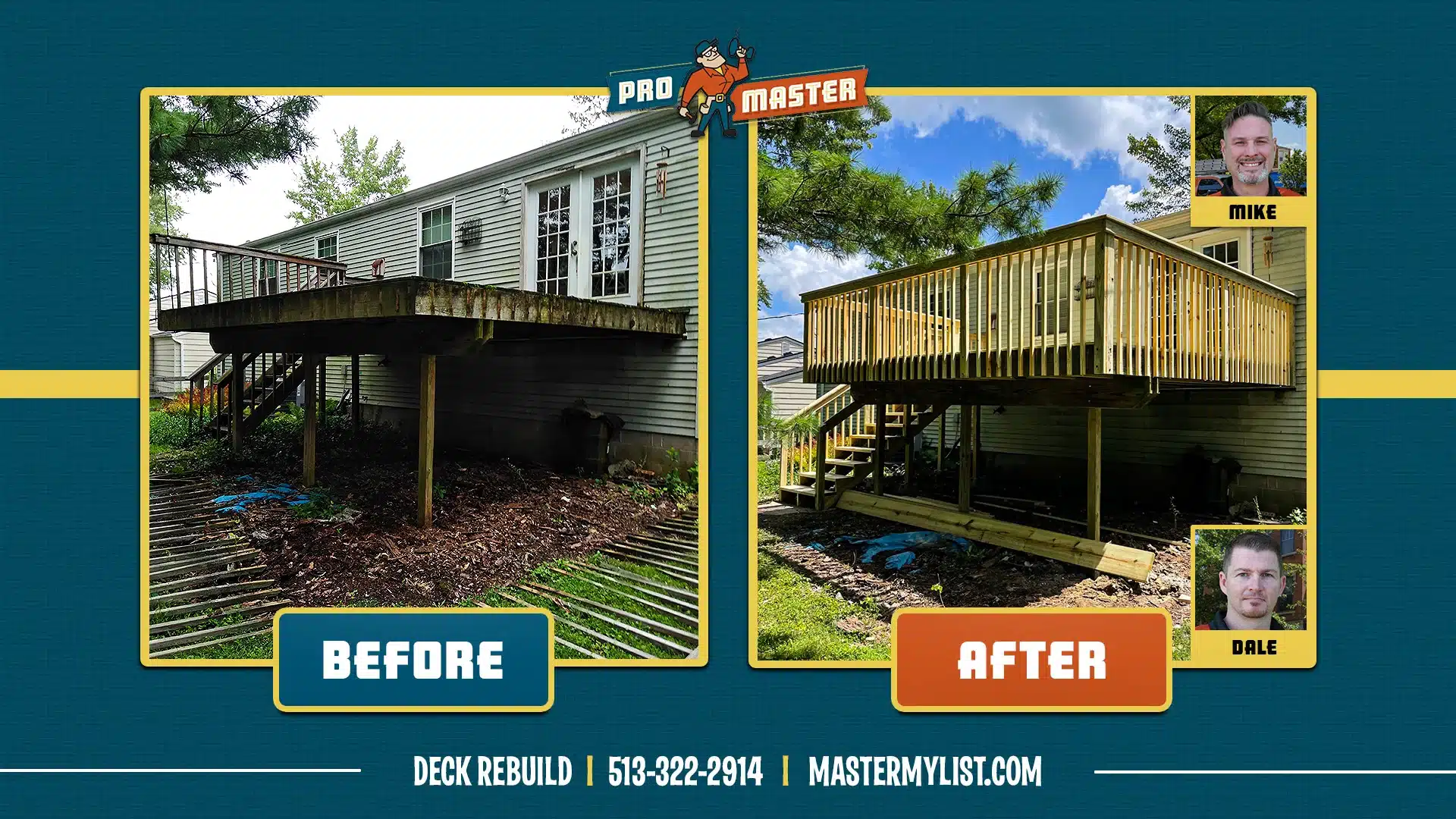 Before and After Image of deck build by ProMaster Home Repair of Cincinnati.