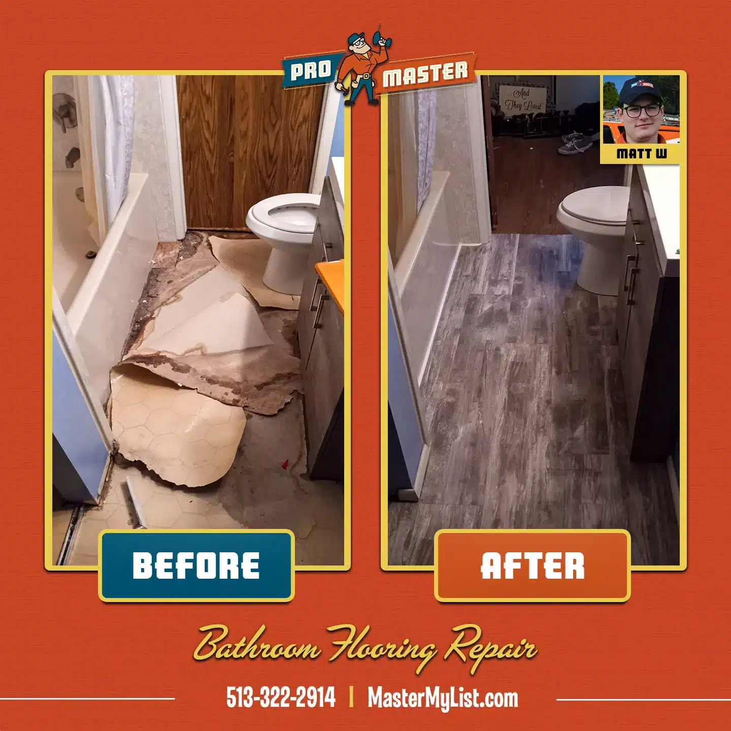 Before and After comparison of old flooring to new luxury vinyl flooring.