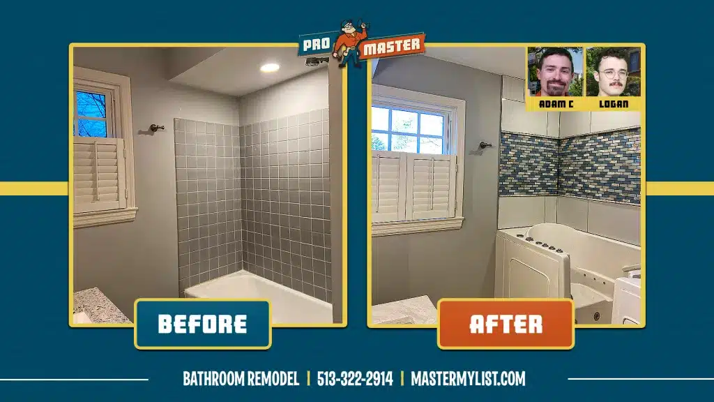Before and After photo of a bathroom remodel by ProMaster Home Repair in Cincinnati, OH.