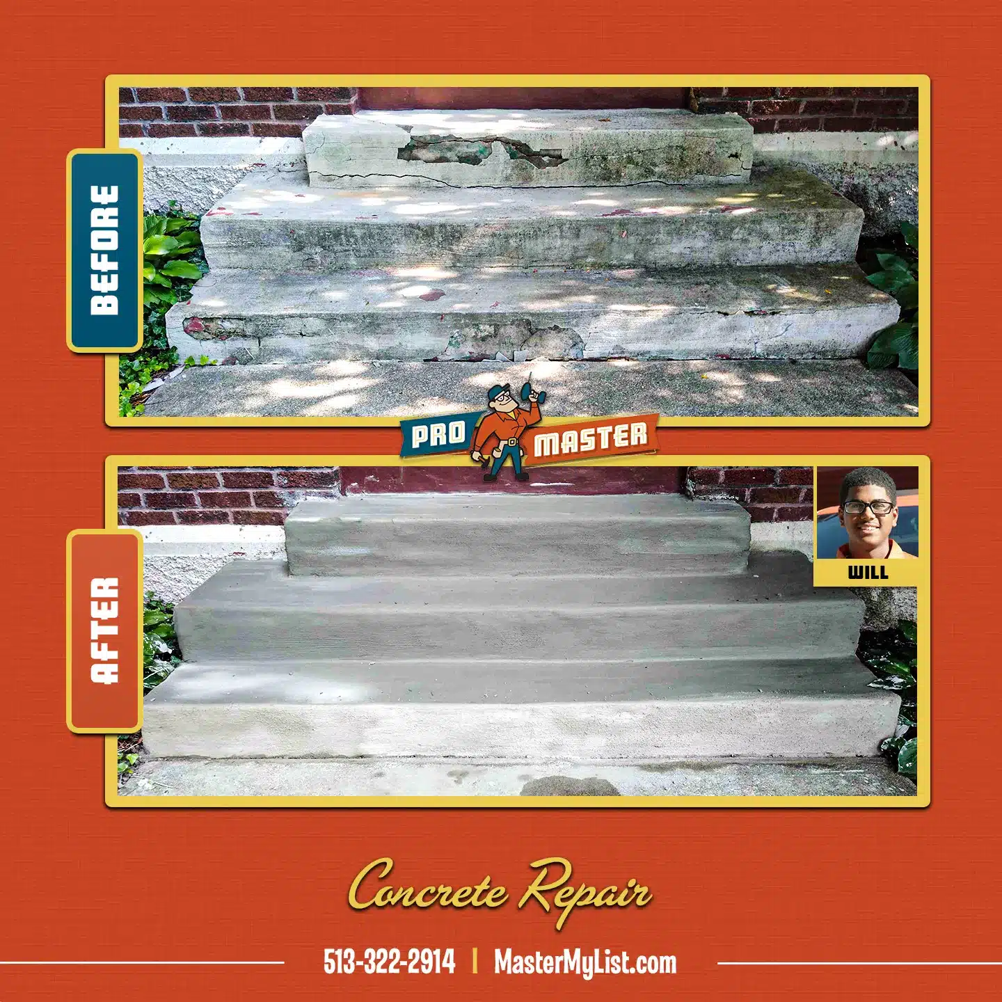 Before and After photo of ProMaster concrete step repair in Blue Ash, OH.