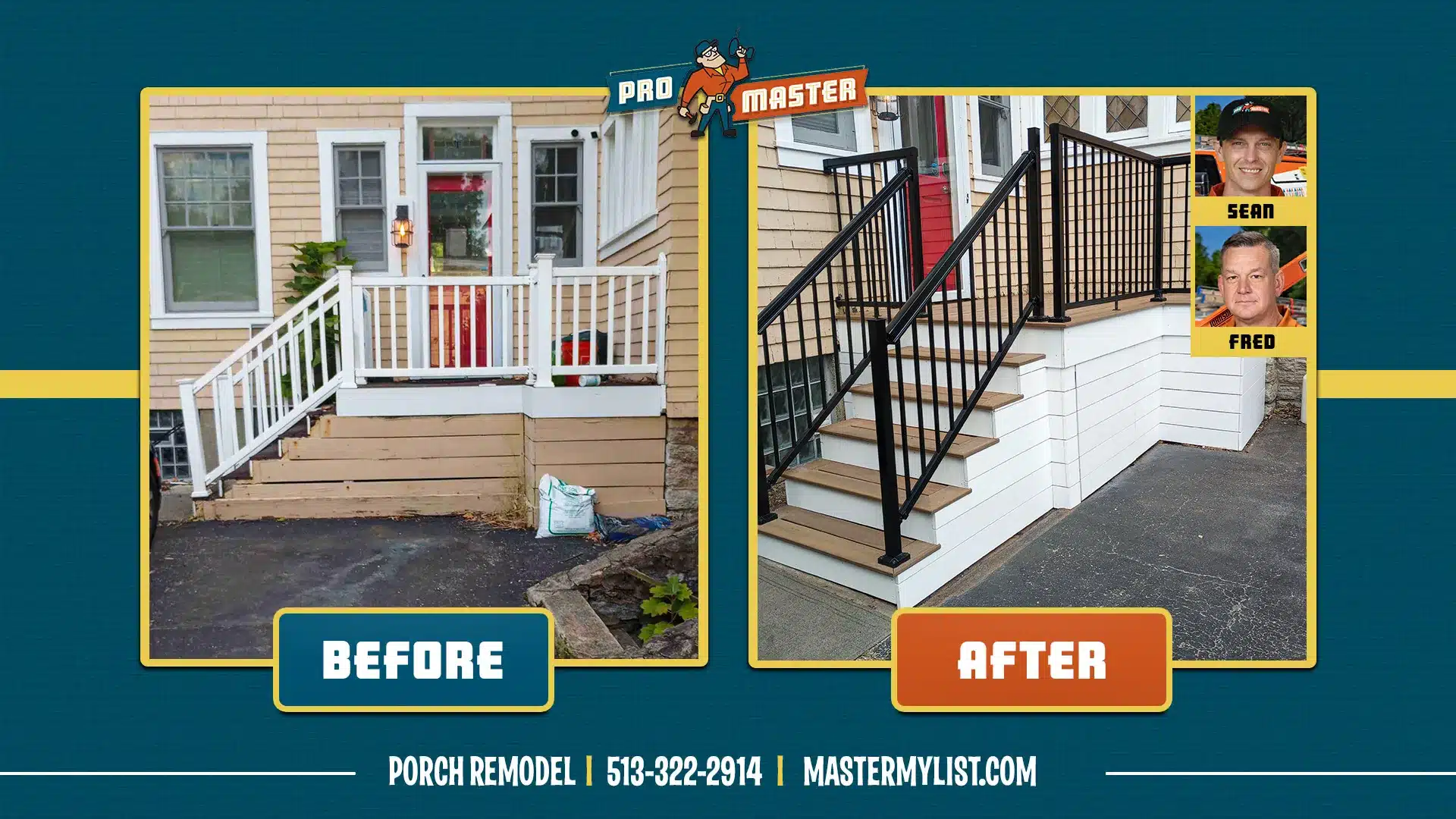 Before and After of porch remodel by ProMaster craftsman.