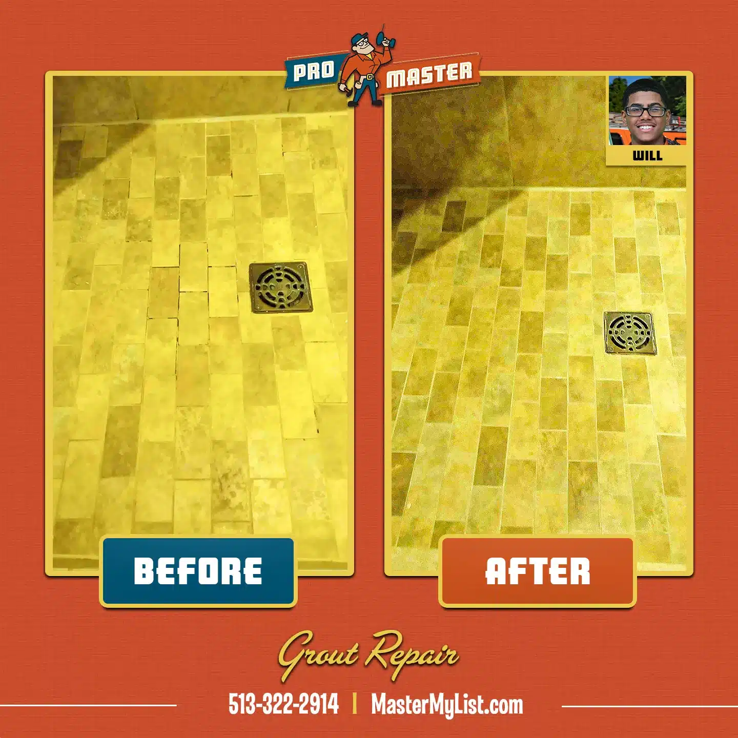 Before and After Image of Grout Repair for Tile Installation in Cincinnati, OH.