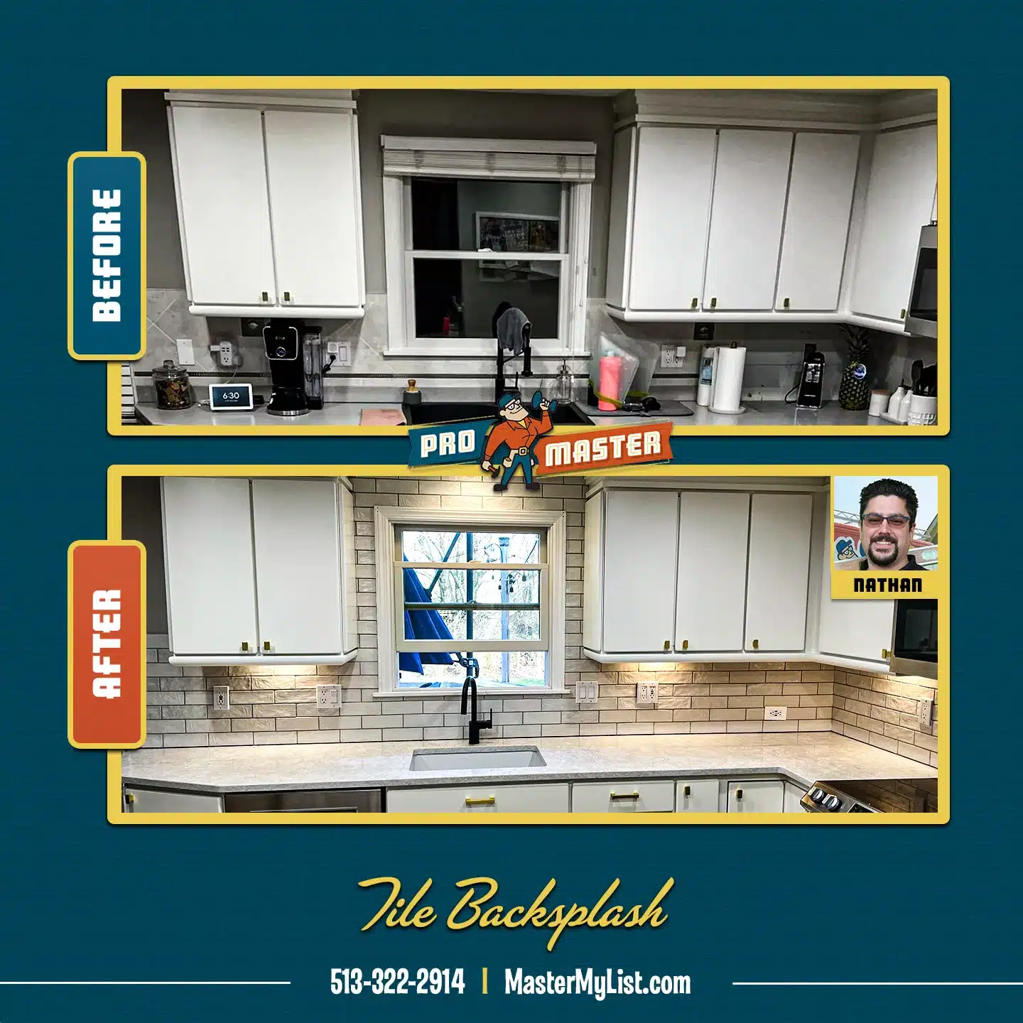 Before and After image of Tile Backsplash Installation in Cincinnati, OH.