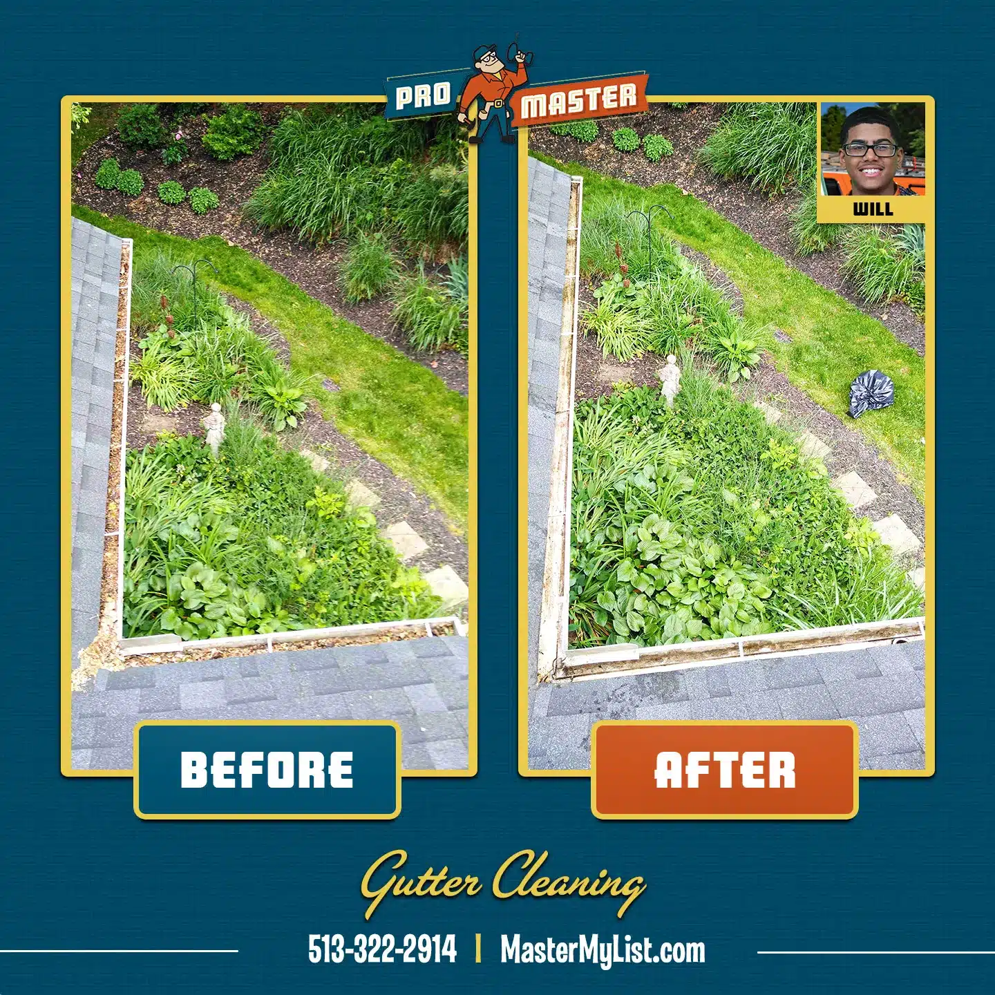 Before and After picture of Cincinnati gutter cleaning performed by ProMaster craftsman.