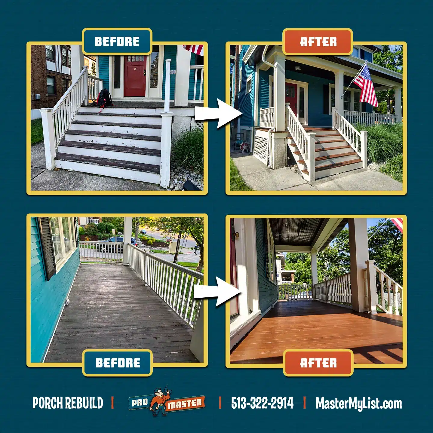 Before and After porch remodel completed by Hyde Park handyman.