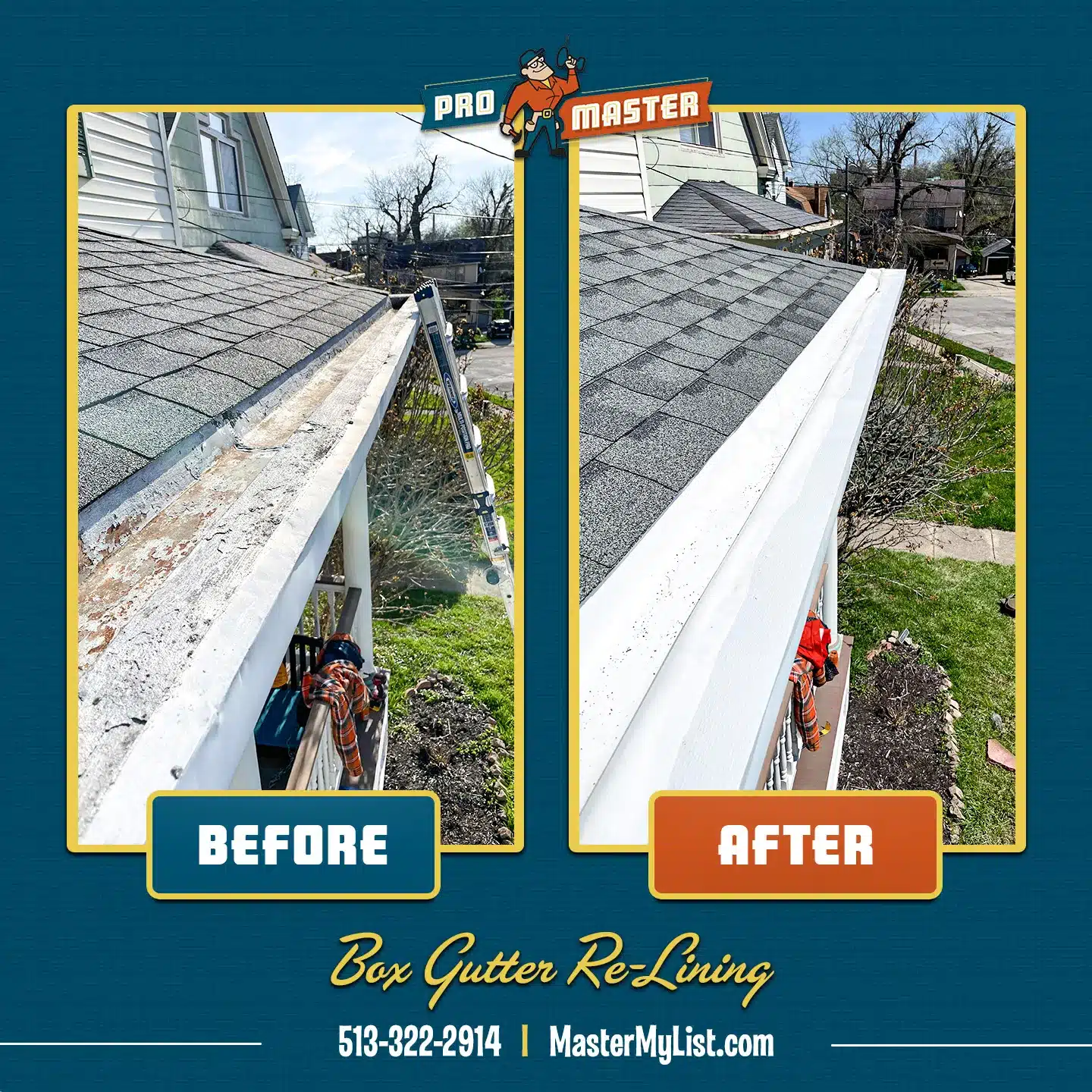Before and After photo of box gutter repair and lining in Cincinnati, OH.