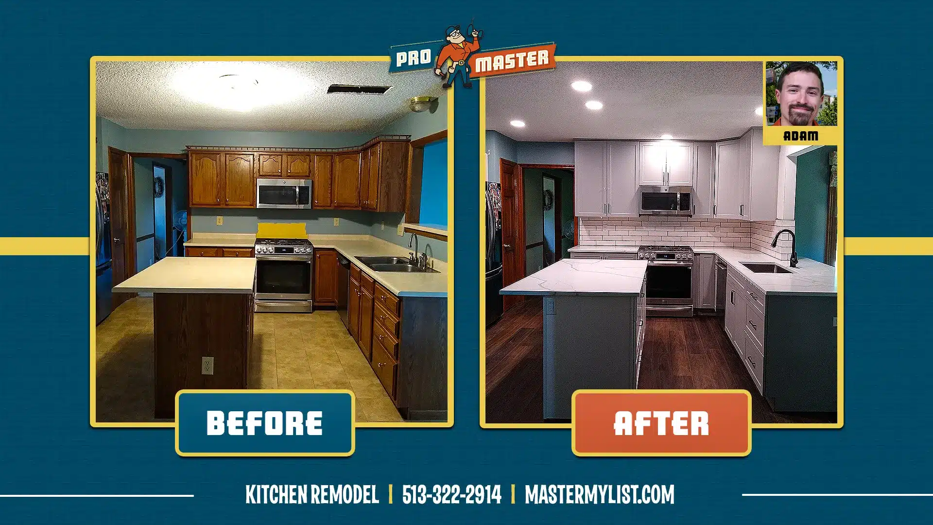 Before and After comparison of a kitchen remodel performed by ProMaster in Cincinnati, OH.
