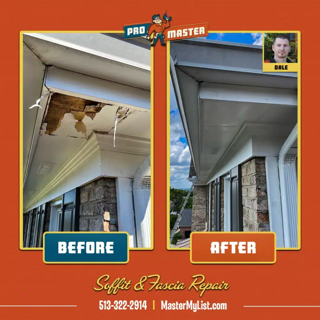 This soffit and fascia were severely damaged, but ProMaster Craftsman Dale Carpenter performed a perfect repair.