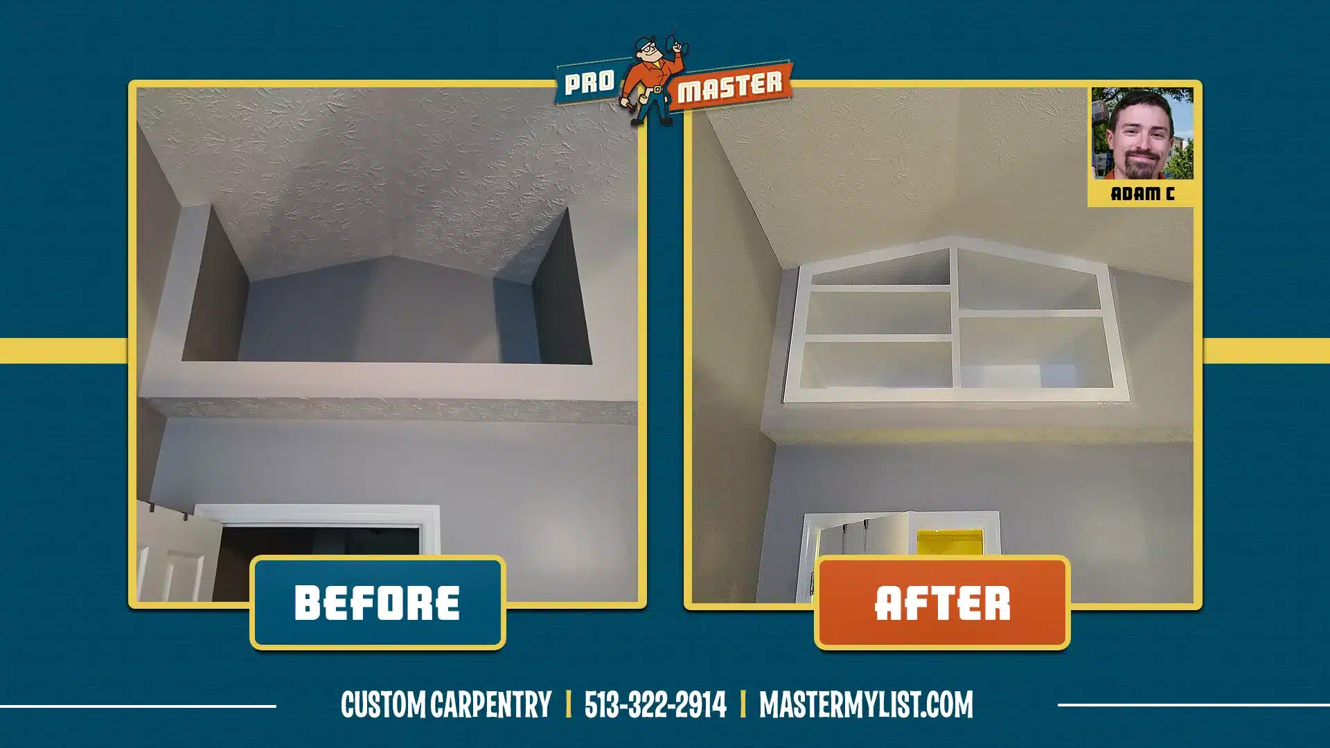 Before and after of custom shelving project completed by ProMaster craftsmen.