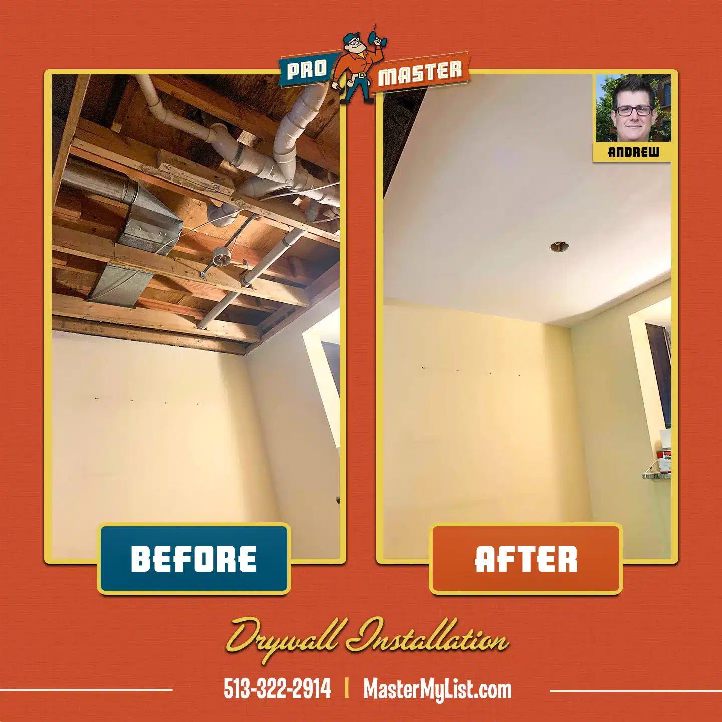 Before and after image of drywall installation completed by ProMaster craftsmen in Cincinnati, OH