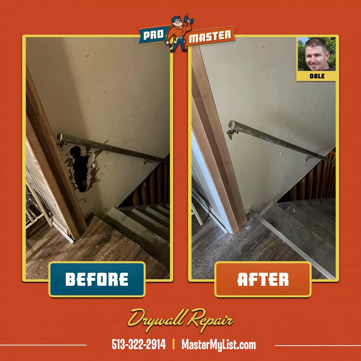 Before and after image of drywall repair completed by ProMaster in Cincinnati, OH