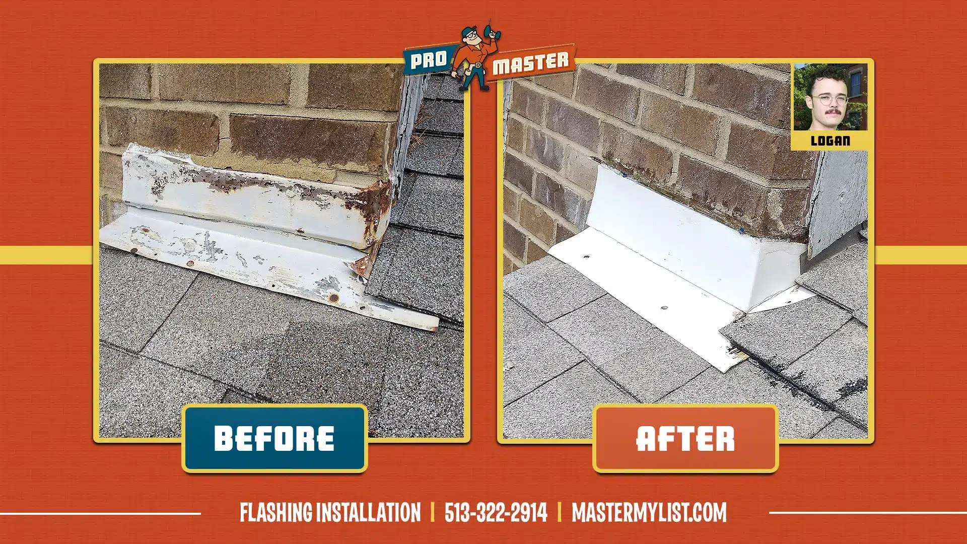 Before and after image of flashing installation in Cincinnati, OH