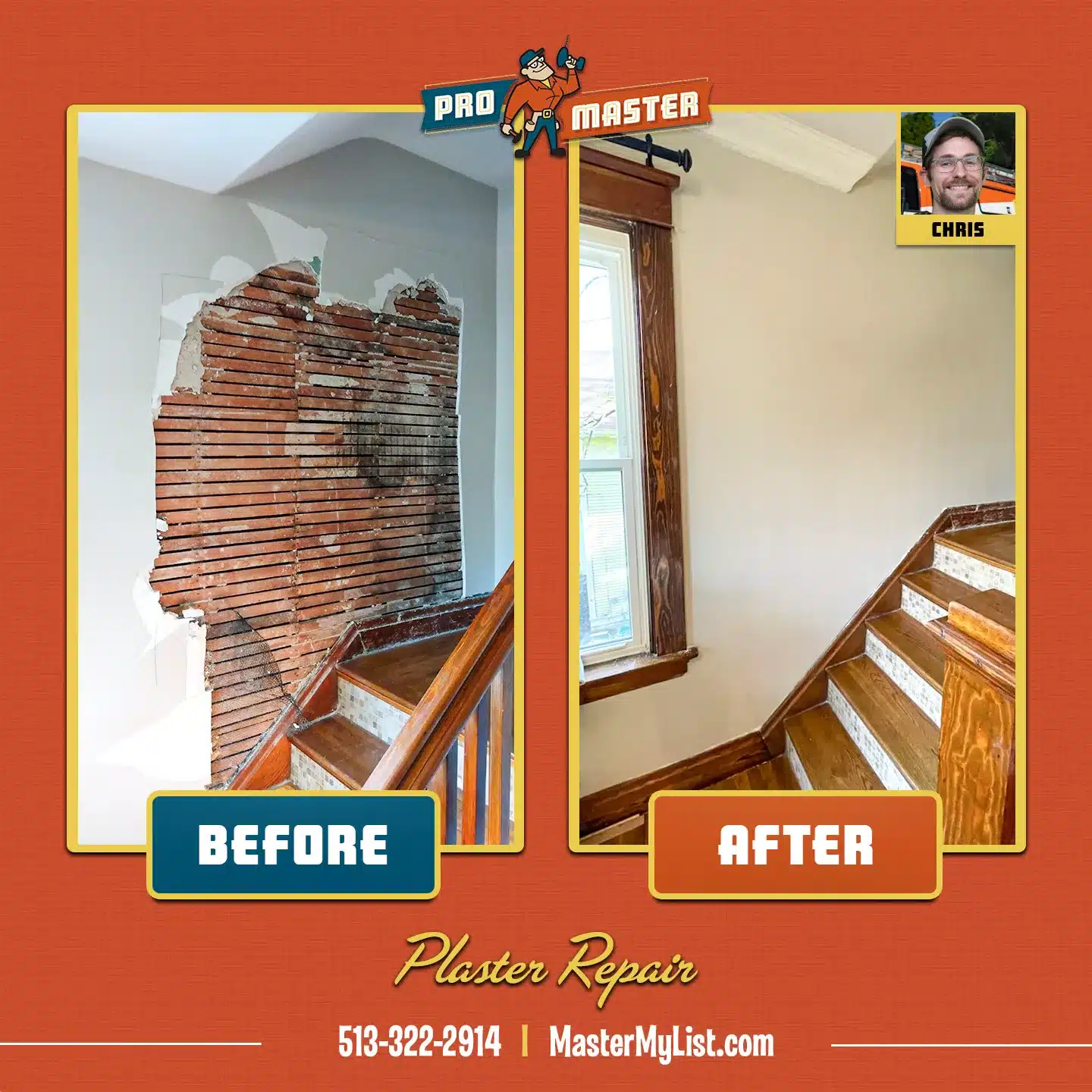 Before and after image of plaster repair completed by ProMaster craftsmen in Cincinnati, OH.
