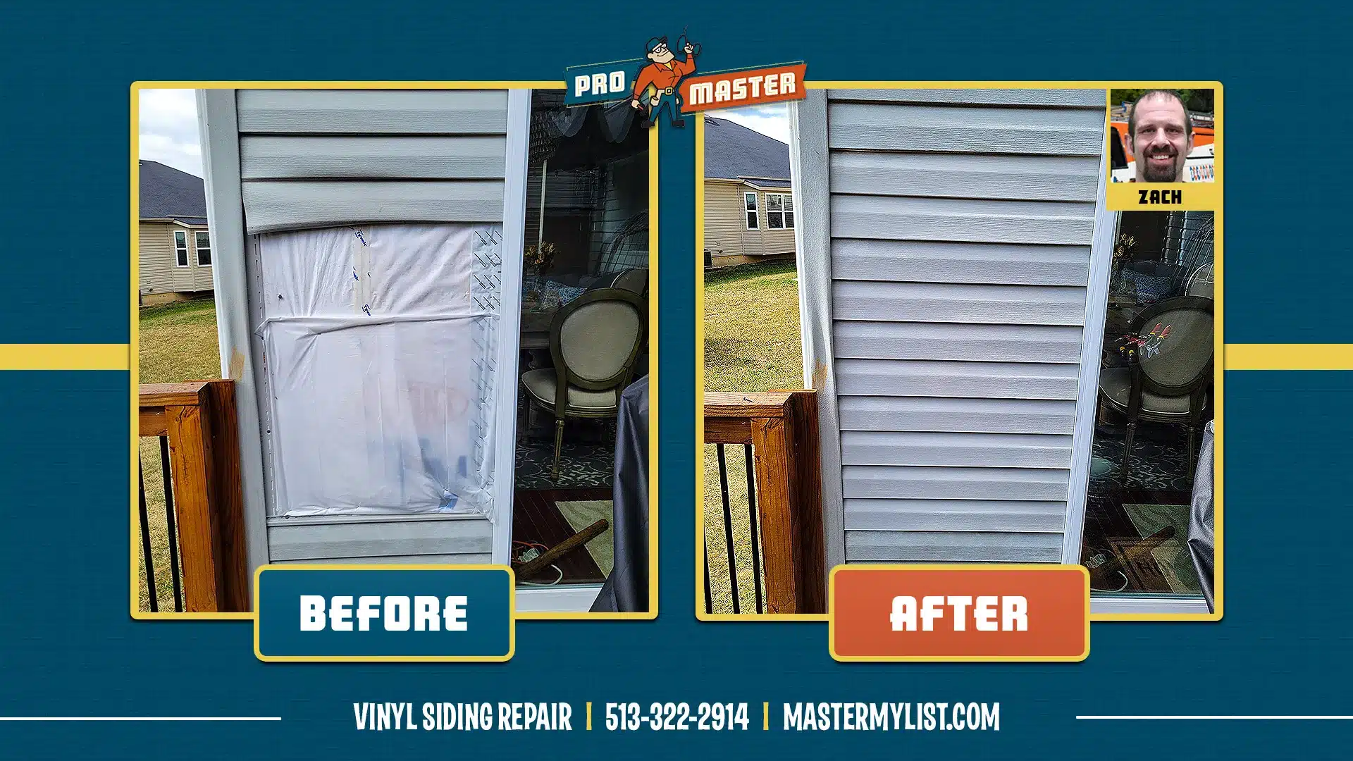 Before and after photos of vinyl siding repair and replacement completed by ProMaster craftsman.