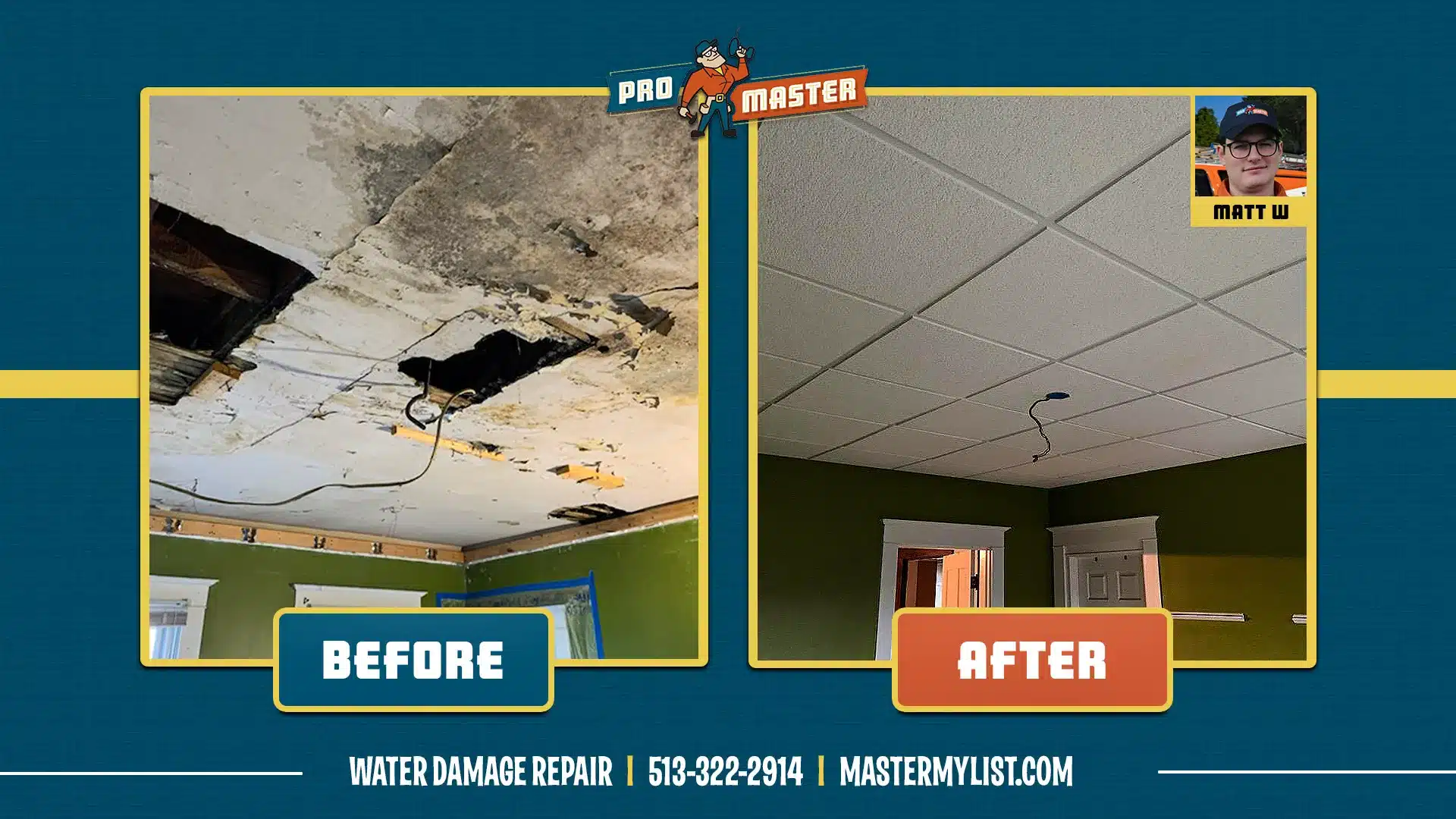 Before and after image of ceiling water damage repair by ProMaster.