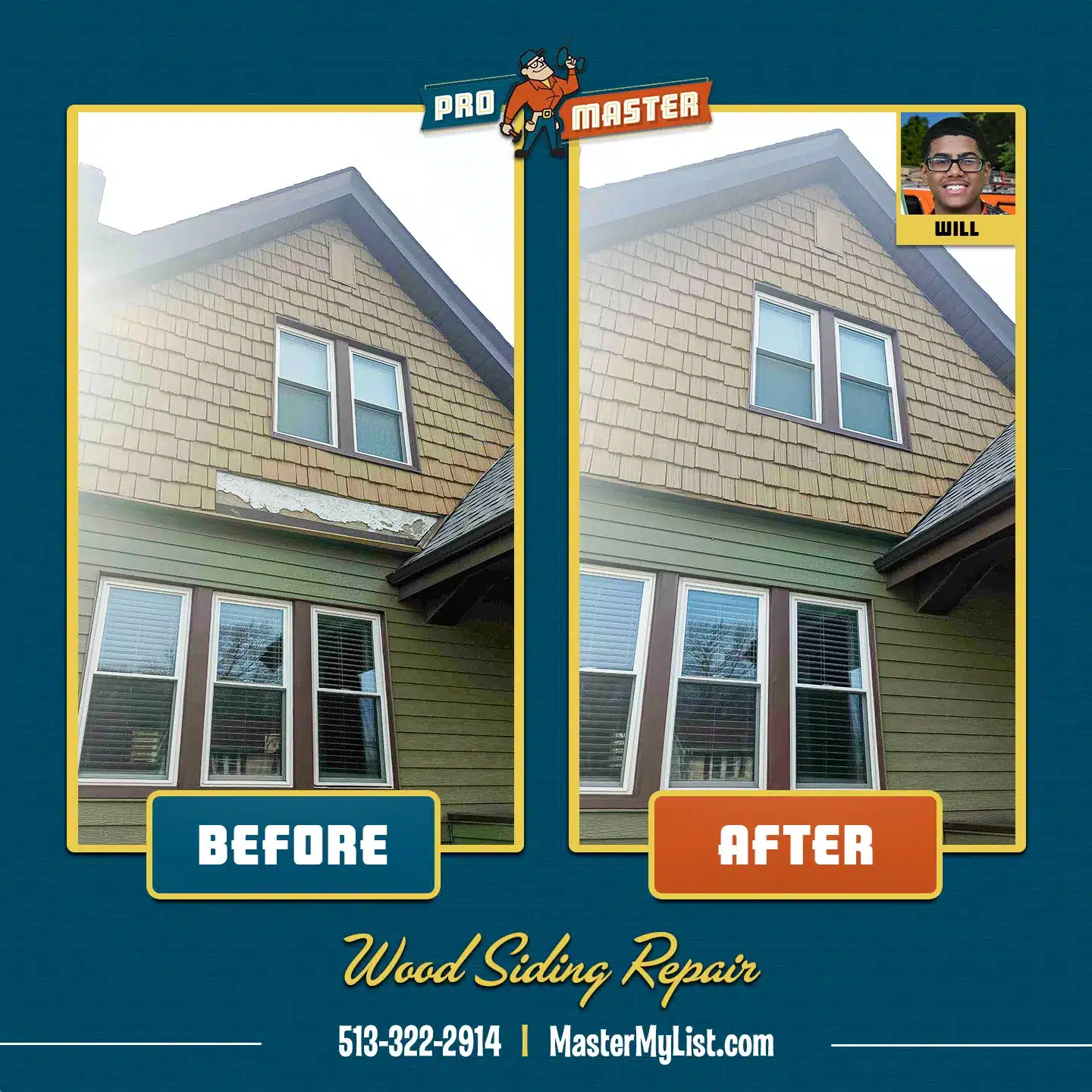 Before and after picture of wood siding repair completed by ProMaster craftsman.