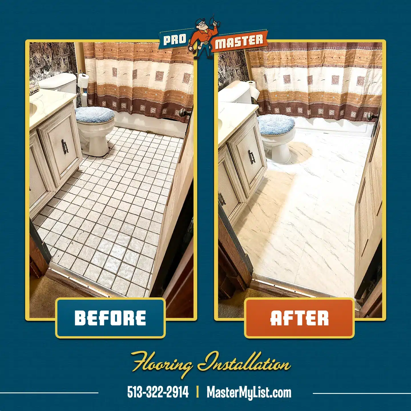 Bathroom flooring installation completed by a ProMaster craftsman in Cincinnati, OH.