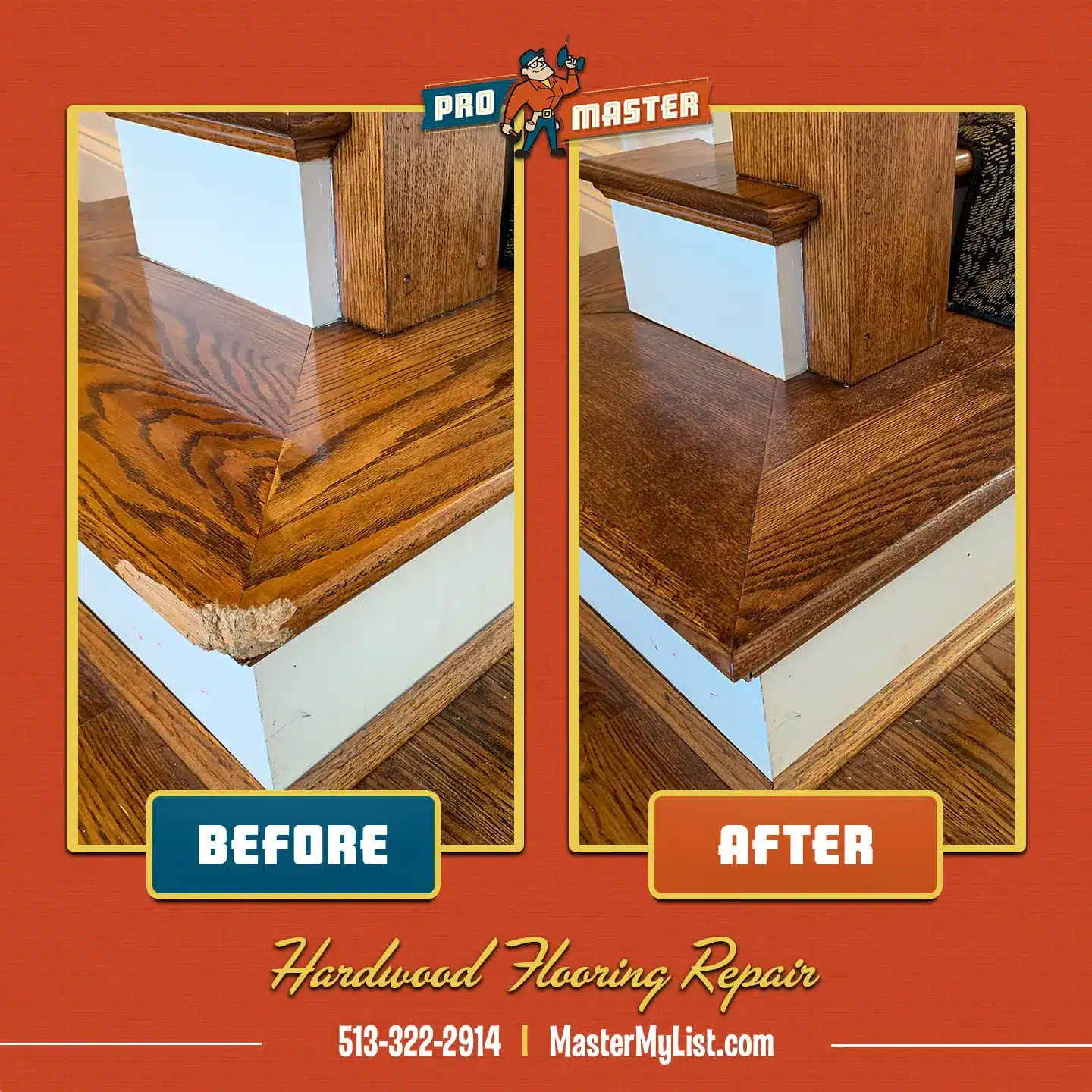 Hardwood flooring repair completed by ProMaster craftsman in Cincinnati, OH