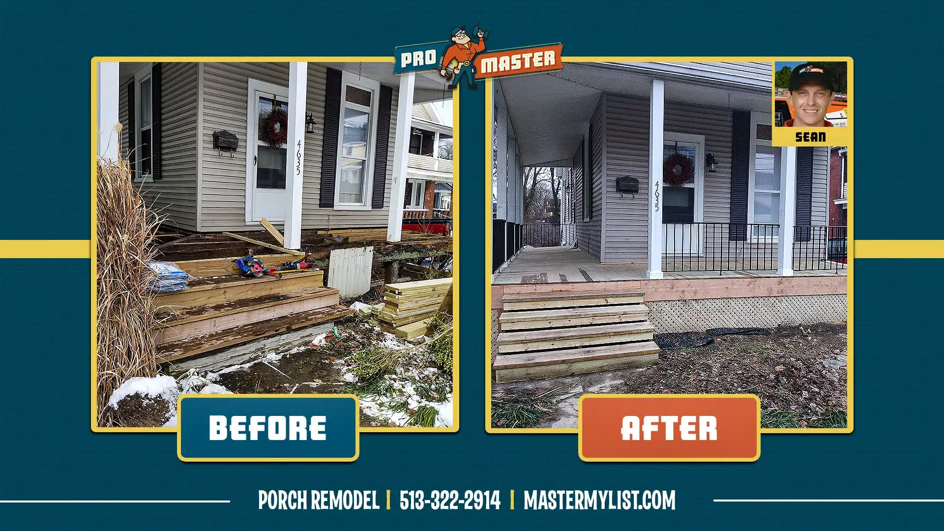 Before and after image of porch repair and remodel in Cincinnati, OH.
