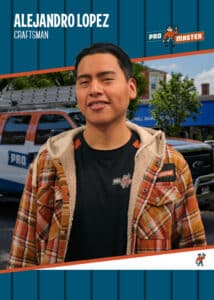 Portrait of Alejandro Lopez, a craftsman, in a plaid jacket with a ProMaster banner and a service vehicle in the background.